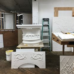 Examples of Foster Reeve’s plasterwork, which are found all around his studio. 