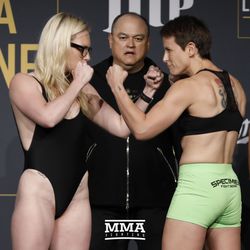 Heather Hardy and Alice Yauger square off at Bellator NYC weigh-ins.