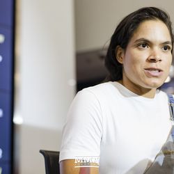 Amanda Nunes speaks to reporters at UFC 215 media day at the Rogers Place in Edmonton, Alberta, Canada.