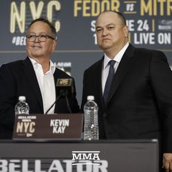 Spike’s Kevin Kay shakes Scott Coker’s hand at the Bellator NYC press conference.