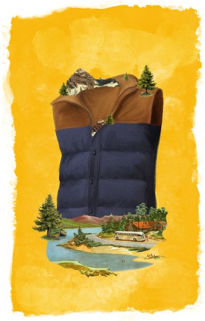 Illustration collage with vest and outdoors area