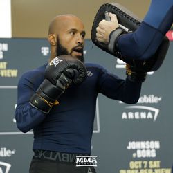 Demetrious Johnson hitting pads during the UFC 216 open workouts Thursday at T-Mobile Arena in Las Vegas.
