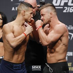 Tom Duquesnoy and Cody Stamann square off at UFC 216 weigh-ins.