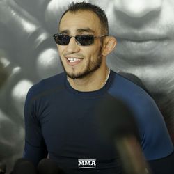 Tony Ferguson talks to the media during the UFC 216 open workouts Thursday at T-Mobile Arena in Las Vegas.