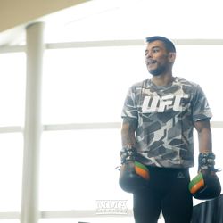 Ray Borg takes a breather at UFC 215 open workouts at the Rogers Place in Edmonton, Alberta, Canada.