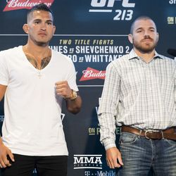 Anthony Pettis and Jim Miller pose at UFC 213 media day.