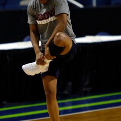 UConn’s Crystal Dangerfield warms up before their Sweet 16 practice.<br>
