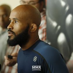 Demetrious Johnson talks to the media during the UFC 216 open workouts Thursday at T-Mobile Arena in Las Vegas.