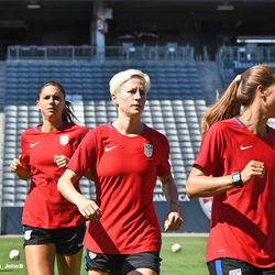 L-R Alex Morgan, Megan Rapinoe, and Tobin Heath. Heath makes her return to the USWNT after suffering a back injury earlier this year.
