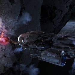  MISC Prospector mining ship gathering resources around an asteroid in orbit.