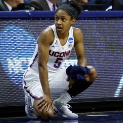 UConn’s Crystal Dangerfield (5) gets ready to enter the game in the 3rd quarter.<br>