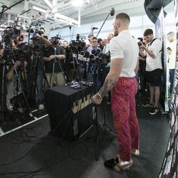 Conor McGregor answers questions at media day.