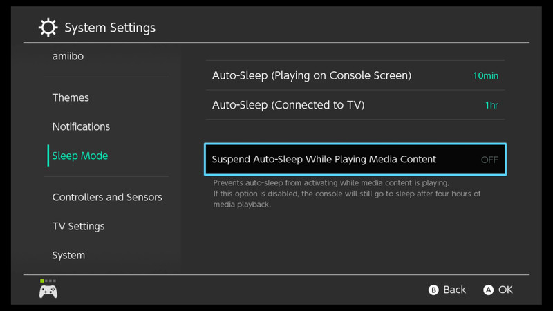 Nintendo Switch system settings - sleep mode