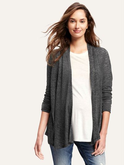 A model wearing an Old Navy maternity top and cardigan