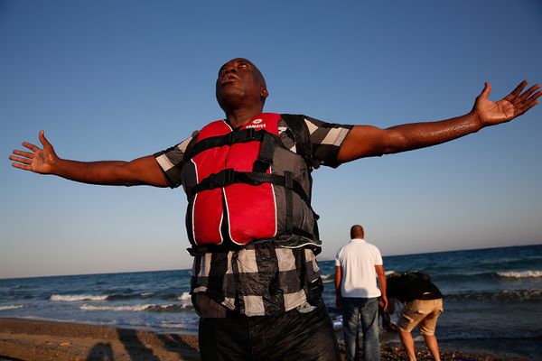 A migrant from Gambia after reaching Greece.
