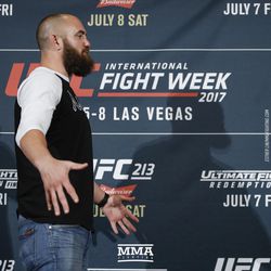 Travis Browne squares off against a ghost opponent at UFC 213 media day.