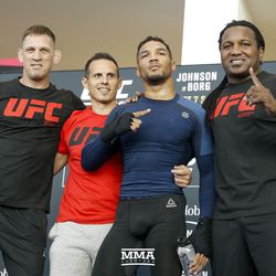 Kevin Lee poses with his team during the UFC 216 open workouts Thursday at T-Mobile Arena in Las Vegas.