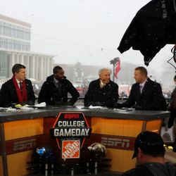 Chris Fowler, Greg Jennings, Lee Corso, and Kirk Herbstreit (and Desmond Howard, behind the camera)