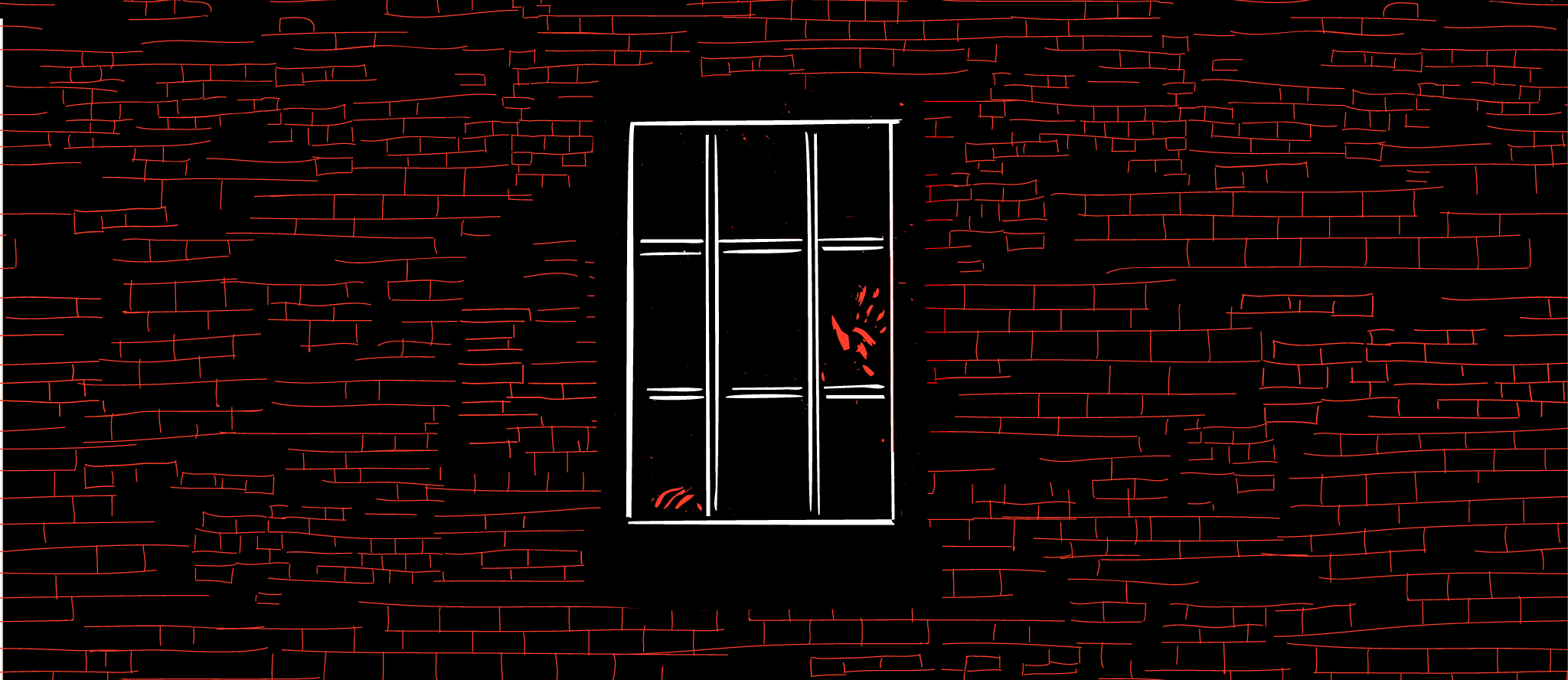 Illustration of a bright red hand in a dark window.
