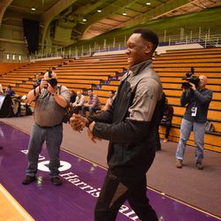 Scottie Lindsey shows off some dance moves as the Welsh-Ryan Arena crowd welcomes him.