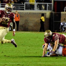 RSo. Ryan Izzo gets a pancake block while RFr. Deondre Francois takes off running.