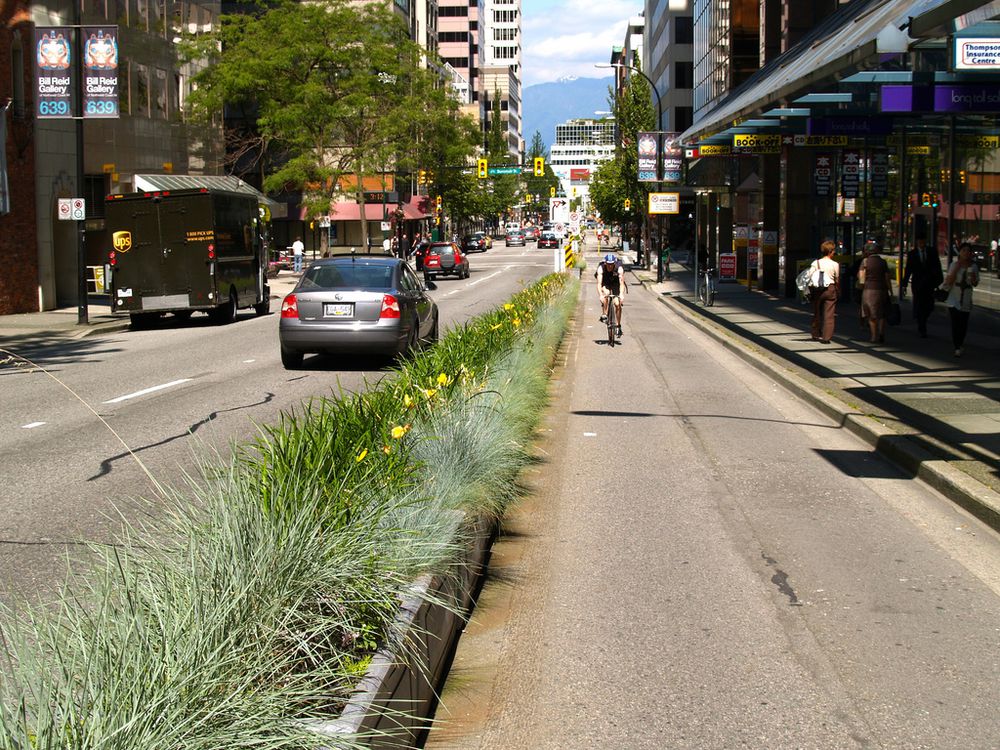 A downtown Vancouver separated bike lane.