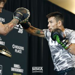 Ray Borg throws a right hand at UFC 215 open workouts at the Rogers Place in Edmonton, Alberta, Canada.