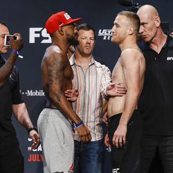Michael Johnson and Justin Gaethje face off at the TUF 25 Finale ceremonial weigh-ins Thursday at Park Theater in Las Vegas.