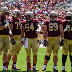 NCSU at FSU:  The ‘Nole Line waits at the line of scrimmage during a break. 