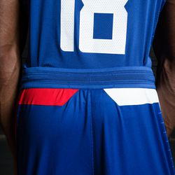 Back view of the Clippers’ new blue “Icon edition” jerseys by Nike.  The red stripe on the left side represents the traditional nautical lighting of red on the port side of ships.