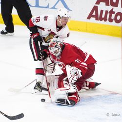 Eddie Lack with the stoppage on Ryan Dzingel. February 24, 2017. You Can Play Night, Carolina Hurricanes vs. Ottawa Senators, PNC Arena, Raleigh, NC. Copyright © 2017 Jamie Kellner. All Rights Reserved.