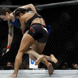 Cynthia Calvillo closes the distance on Joanne Calderwood at UFC Fight Night 113 on Sunday at the The SSE Hydro in Glasgow, Scotland.