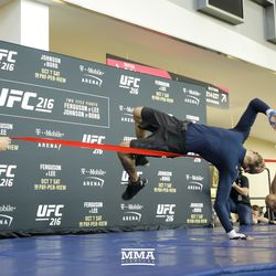 Tony Ferguson doing some unique drills during the UFC 216 open workouts Thursday at T-Mobile Arena in Las Vegas.
