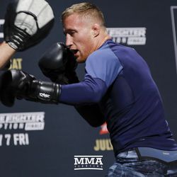Justin Gaethje hits mitts during UFC 213 open workouts Wednesday at the Park Theater in Las Vegas, Nevada.