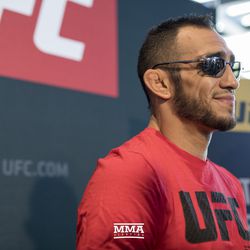 Tony Ferguson smiles during a question at UFC 216 media day.