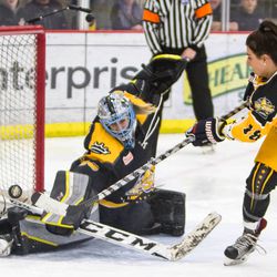 Buffalo Beauts Goaltender Brianne McLaughlin makes a fantastic left to right move to rob New York Riveters Forward Rebecca Russo of a goal in the shootout challenge at the NWHL All-Star game in Pittsburgh.