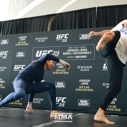 Amanda Nunes plays around at UFC 215 open workouts at the Rogers Place in Edmonton, Alberta, Canada.