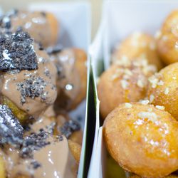 Two kinds of loukoumades — Greek fried dough balls — at Gre.co, opening imminently in Back Bay.