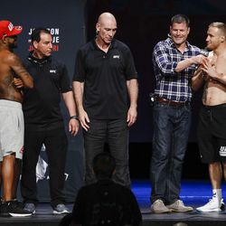 Michael Johnson and Justin Gaethje are separated  at the TUF 25 Finale ceremonial weigh-ins Thursday at Park Theater in Las Vegas.