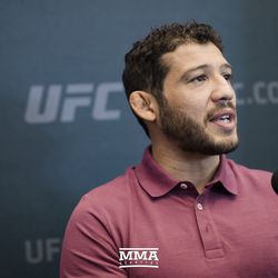 Gilbert Melendez speaks to reporters at UFC 215 media day at the Rogers Place in Edmonton, Alberta, Canada.