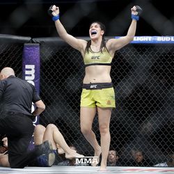 Ketlin Vieira celebrates her win at UFC 215.