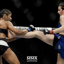 Joanne Calderwood kicks Cynthia Cavillo at UFC Fight Night 113 on Sunday at the The SSE Hydro in Glasgow, Scotland.