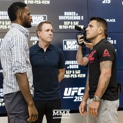 Neil Magny and Rafael dos Anjos face off at UFC 215 media day at the Rogers Place in Edmonton, Alberta, Canada.