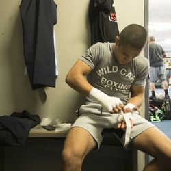 Aaron Pico wraps his hands at a recent workout at Wild Card gym in Hollywood.