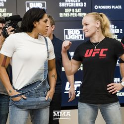 Amanda Nunes and Valentina Shevchenko square off at UFC 215 media day at the Rogers Place in Edmonton, Alberta, Canada.
