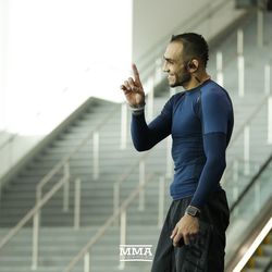 Tony Ferguson wagging his finger during the UFC 216 open workouts Thursday at T-Mobile Arena in Las Vegas.