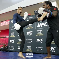Kevin Lee lands a kick during the UFC 216 open workouts Thursday at T-Mobile Arena in Las Vegas.