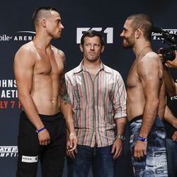 James Krause and Tom Gallicchio face off at the TUF 25 Finale ceremonial weigh-ins Thursday at Park Theater in Las Vegas.