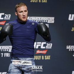 Justin Gaethje poses for the crowd during UFC 213 open workouts Wednesday at the Park Theater in Las Vegas, Nevada.