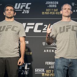 Beneil Dariush and Evan Dunham pose at UFC 216 media day.